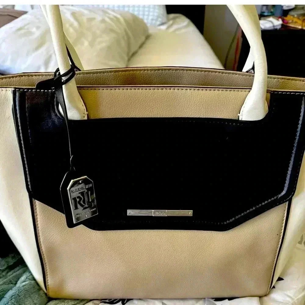 Lauren Ralph Lauren large tote cream tan & black